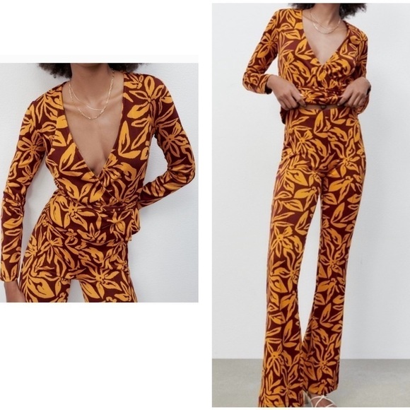 Zara JACQUARD WRAP TOP AND FLARED PANTS Two Piece Set - Picture 2 of 12